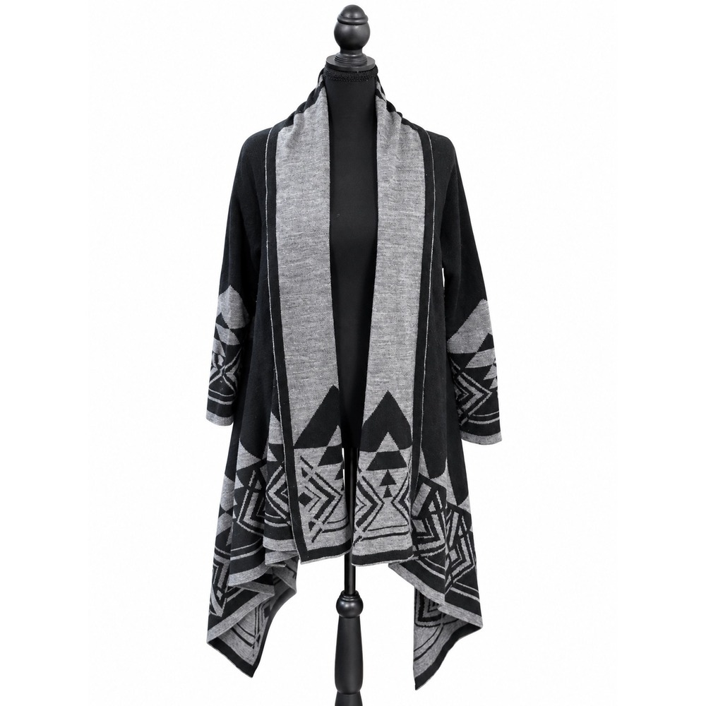 Adrienne Vittadini Wool Blend Cardigan S/M Black Gray Geometric Waterfall Duster